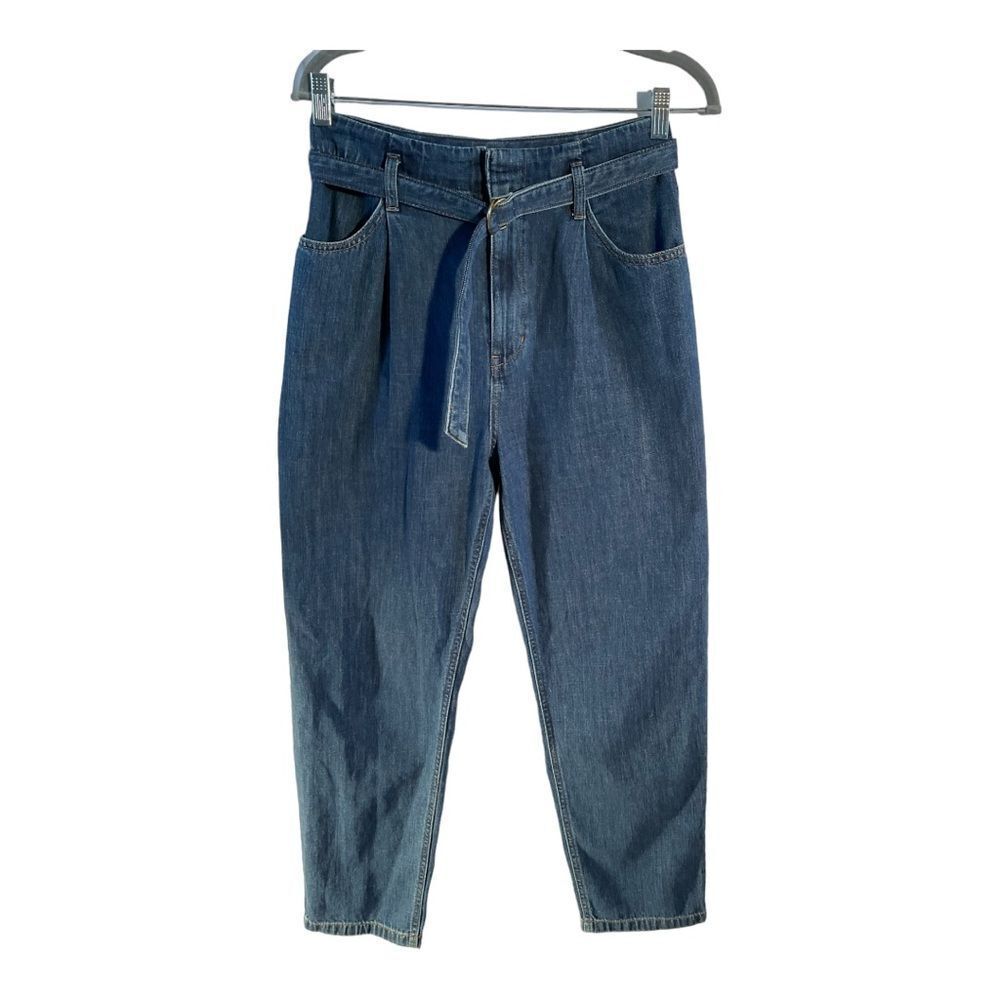 Uniqlo Women Jeans Size 25 Inch Blue High Rise Belted Paperbag Fit Denim - Picture 3 of 15